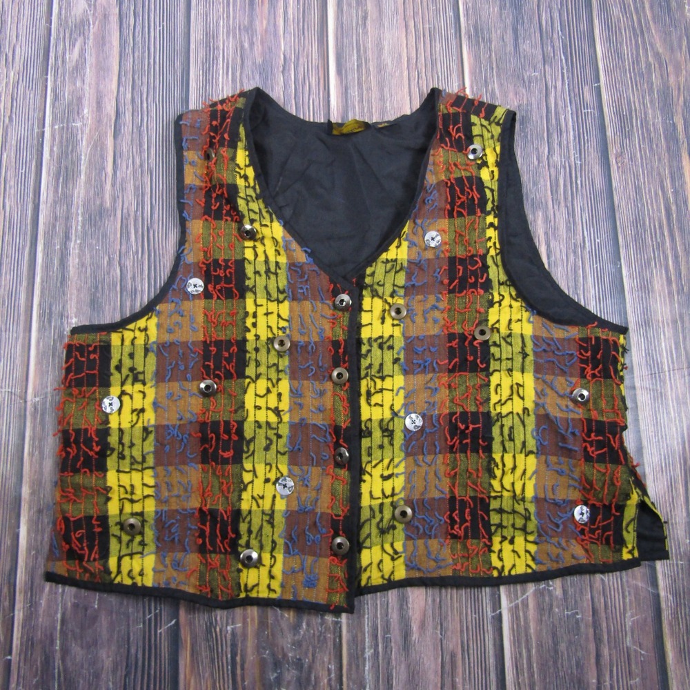 Allure Vest Women 2X Yellow Plaid Cotton Artsy Textured Yarn Button Front
